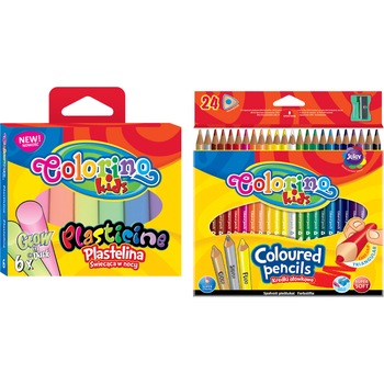 Pachet format din Plastilina stralucitoare Colorino 6 culori si Set de 24 bucati creioane colorate Colorino, fluorescente Pachet format din Plastilina stralucitoare Colorino 6 culori si Set de 24 bucati creioane colorate Colorino, fluorescente