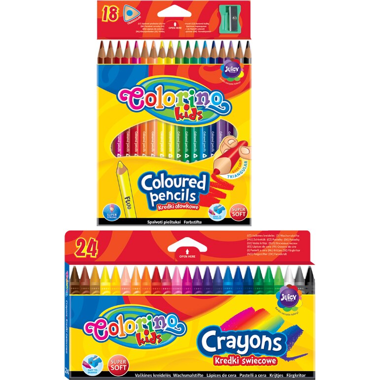 Pachet format din Set 18 bucati Creioane colorate triunghiulare Colorino, fluorescente si Set de 24 creioane Colorino