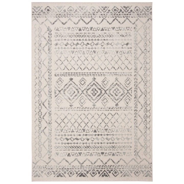 Covor din polipropilena, Safavieh, Model Boho Chic, TUL268A, 90 X 150 cm, Alb Fildes/Gri