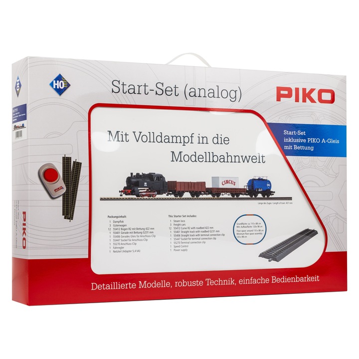 Start set Piko trenulet electric, locomotiva cu vagoane de marfa, sina cu terasament, circuit oval, variator, 8+, 57113