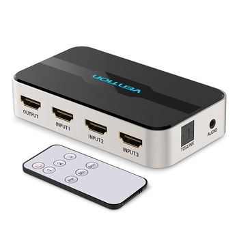 Switch HDMI 1.4 gri metalizat ,3 in 1 splitter ,Full HD, 4K, 3D si 60Hz ,extractor audio HDMI,3 porturi cu telecomanda ,Vention Switch HDMI 1.4 gri metalizat ,3 in 1 splitter ,Full HD, 4K, 3D si 60Hz ,extractor audio HDMI,3 porturi cu telecomanda ,Vention