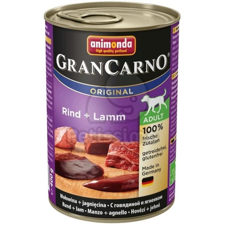 Hrana umeda pentru caini GranCarno Adult Dog cu Vita si Miel 800 g
