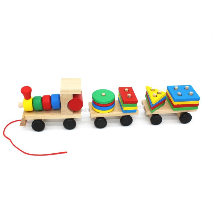 Дървено влакче с вагони и цветни форми