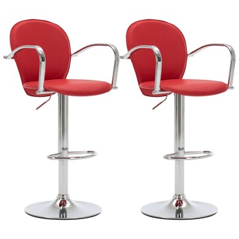Set 2 scaun de bar, cu brate, vidaXL, Piele ecologica/Otel, 49 x 53 x (87,5 - 108,5) cm, Rosu