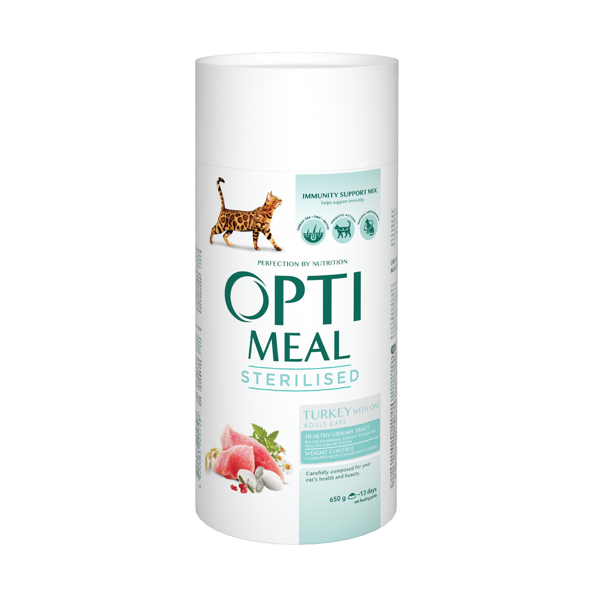 Hrana uscata completa pisici Sterilizate, Optimeal, cu Curcan si Ovaz, 0.65kg