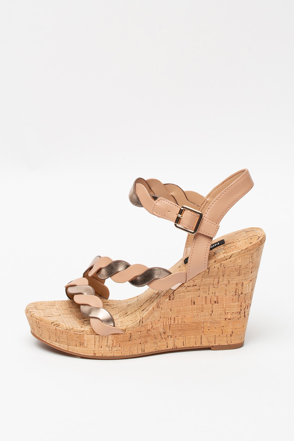 NINE WEST, Sandale wedge de piele ecologica Brette, Roz prafuit/Auriu rose, 9