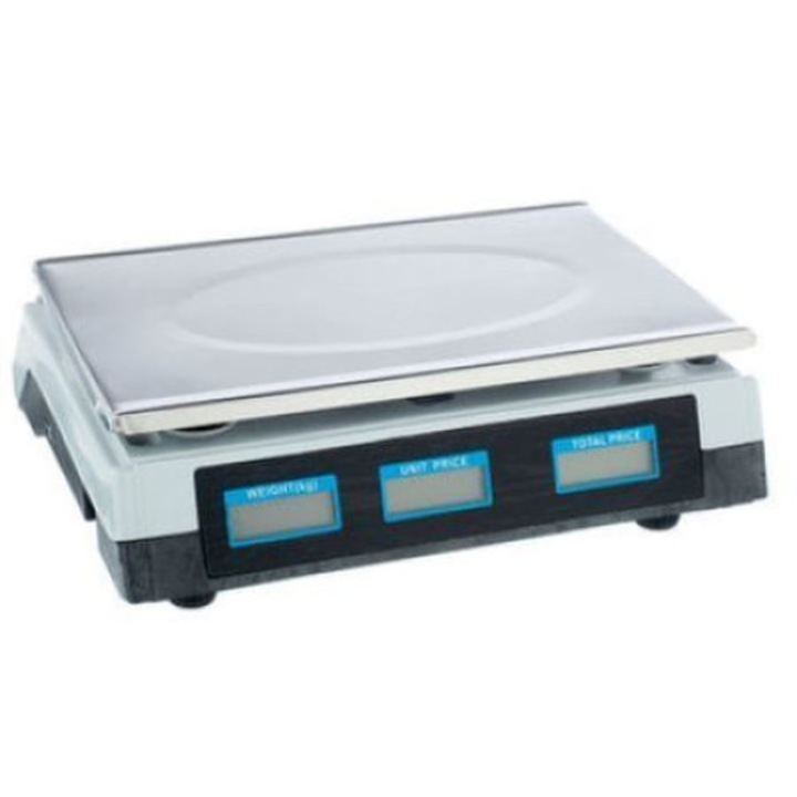 Cantar Electronic KlaussTech Comercial, Afisaj dublu, Masa maxima suportata 40 Kg, Afisaj LCD, Platforma Inox, Indicator nivelul baterie, Design Compact