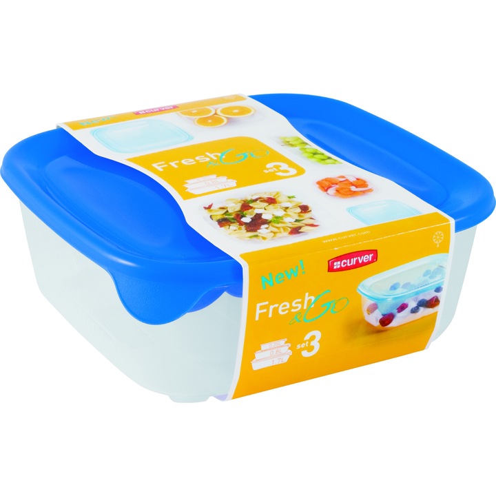 Set 3 Caserole, Curver, 0.25/0.8/1.7 l, Albastru/Transparent