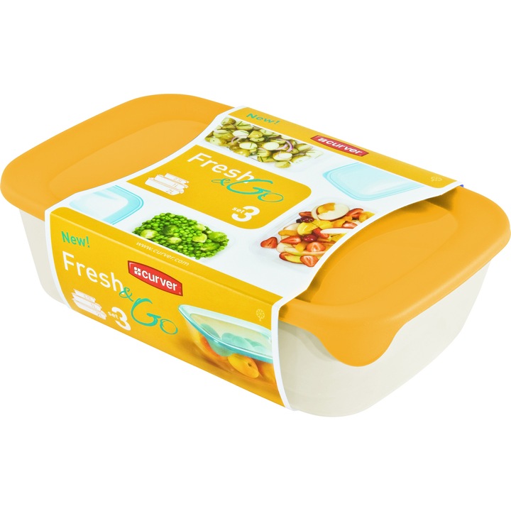 Комплект 3 квадратни кутии за храна Curver "Fresh&Go", 0,5 л + 1 л + 2 л, Прозрачен/Жълт