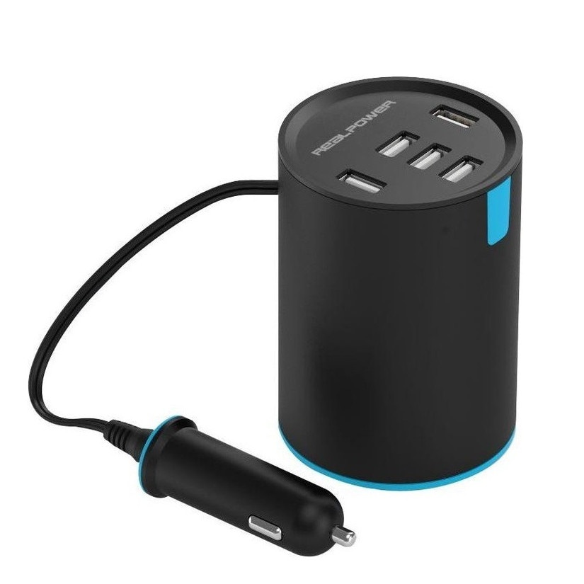 Incarcator auto 5xUSB RealPower Car Charger Tube 6, negru/ albastru