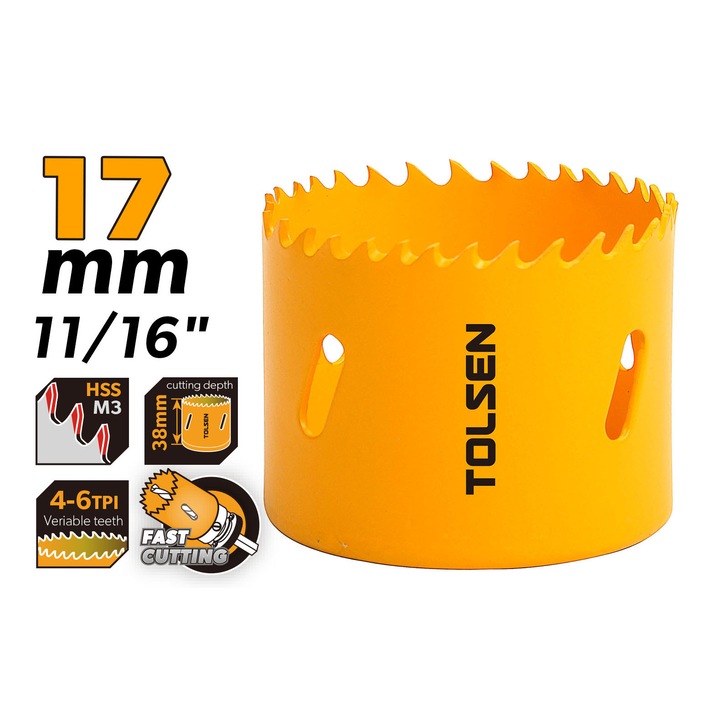 Carota bi-metal TOLSEN 17 mm, HSS M3, adancime taiere 38 mm, dinti variabili 4–6 TPI, pentru metal, lemn si plastic, uz profesional