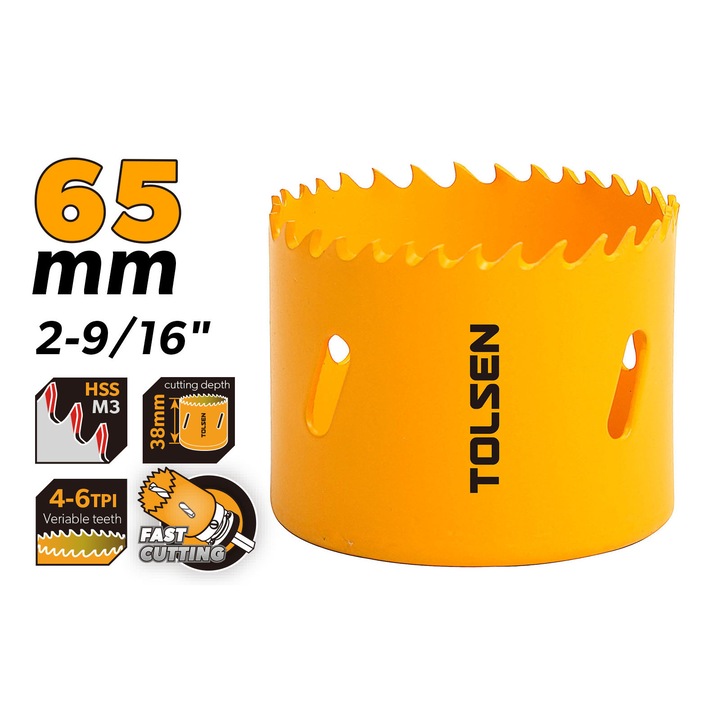 Carota bi-metal TOLSEN 65 mm, HSS M3, adancime taiere 38 mm, dinti variabili 4–6 TPI, pentru metal, lemn si plastic, uz profesional