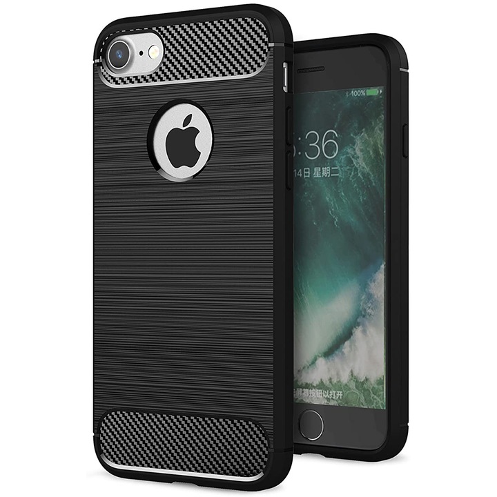 Husa Carbon Defender Compatibil cu Apple iPhone SE 2 2020, Design subtil antialunecare, Margini ridicate, Finisaj mat, Negru