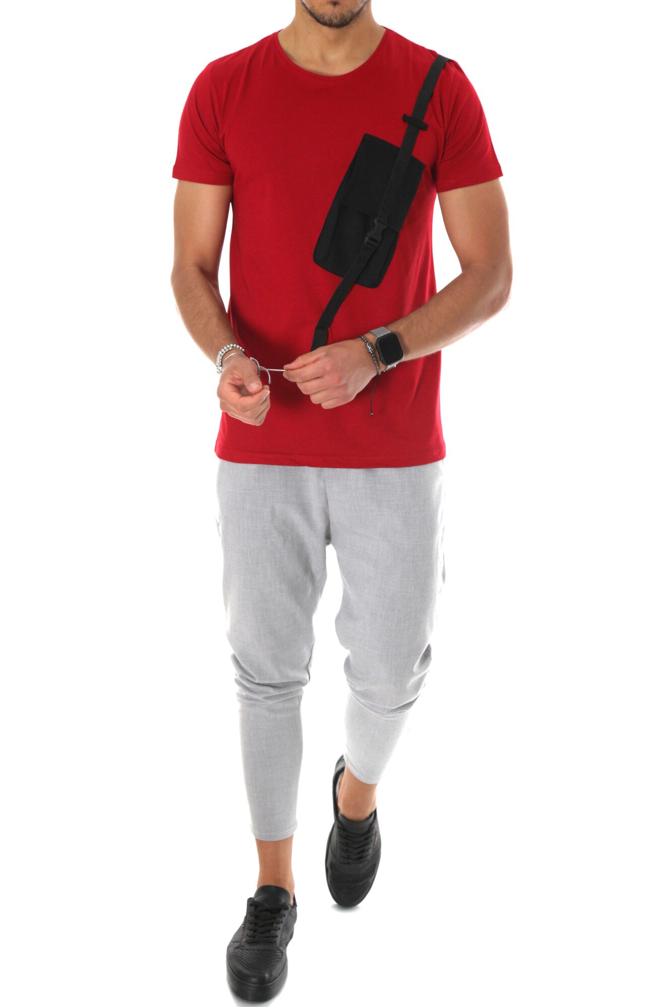 Tricou rosu, A9709, slim fit, pentru barbati, cu imprimeu, Rosu