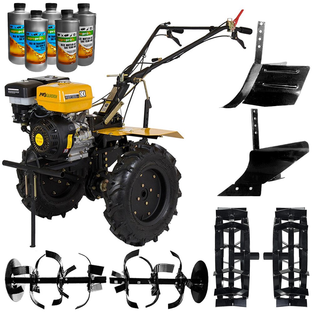 Pachet motocultor Profesional, AgroPro HS 1100D, benzina, 13 CP, freze de lucru, roti cauciuc 6 X 12, roti metalice, rarita reglabila, plug arat + 2l ulei motor AgroPro +3l ulei transmisie AgroPro