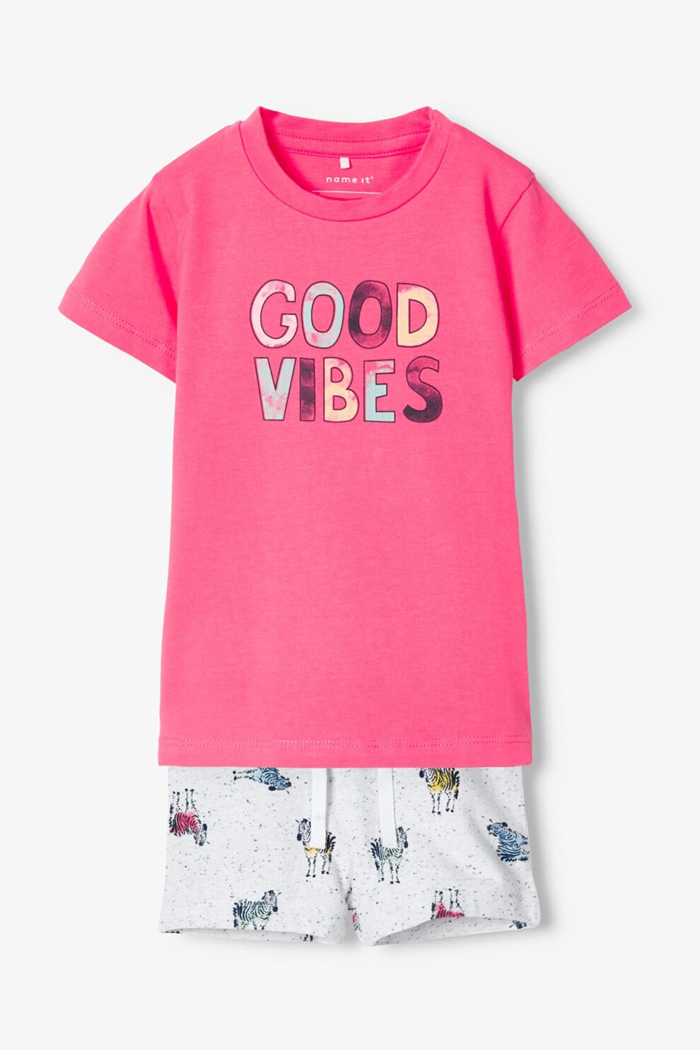 NAME IT, Set de pantaloni scurti si tricou din amestec de bumbac, Roz/Alb