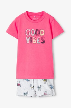 NAME IT, Set de pantaloni scurti si tricou din amestec de bumbac, Roz/Alb NAME IT, Set de pantaloni scurti si tricou din amestec de bumbac, Roz/Alb