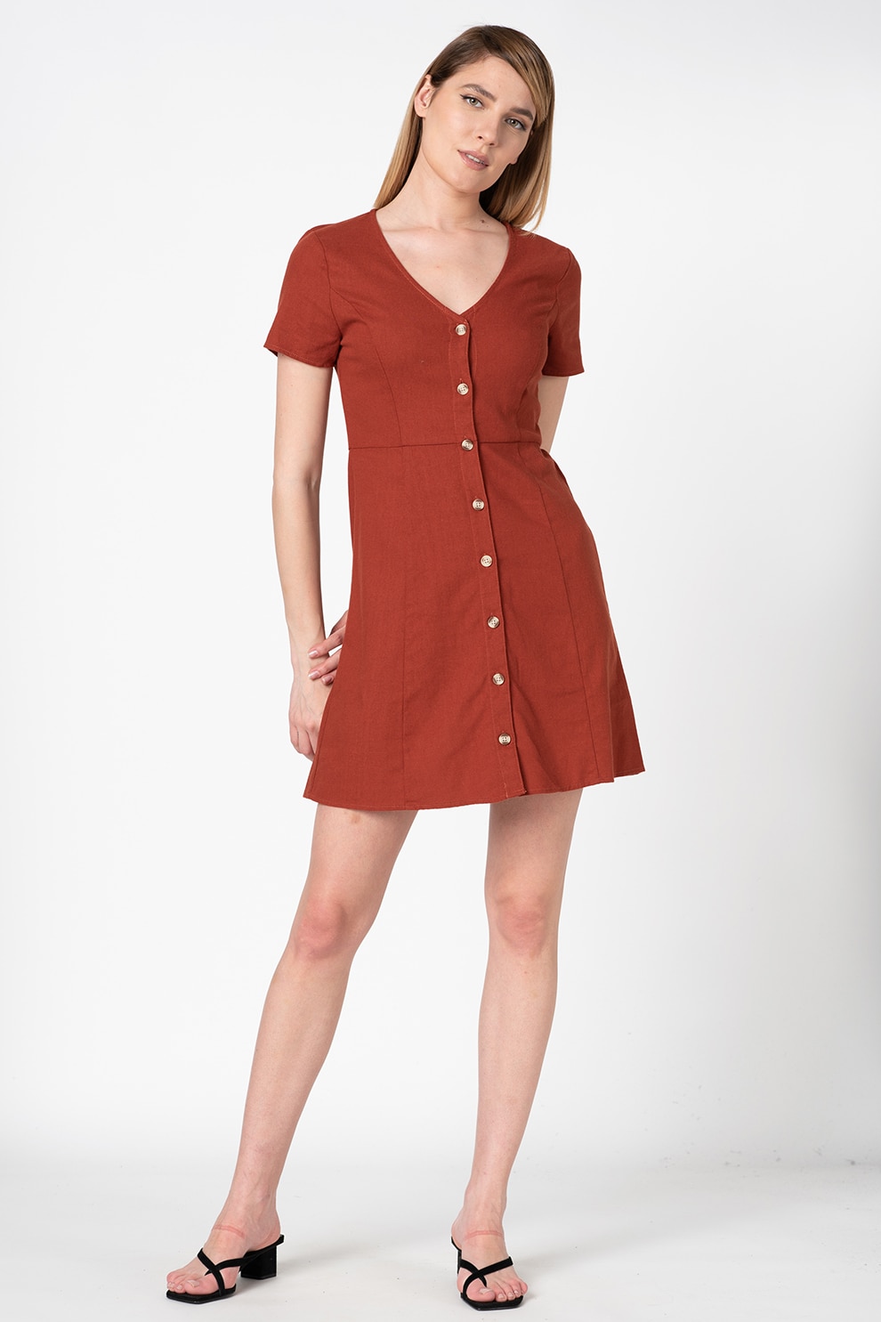 Only, Rochie din amestec de in, cu decolteu in V Lorelle, Coniac, L