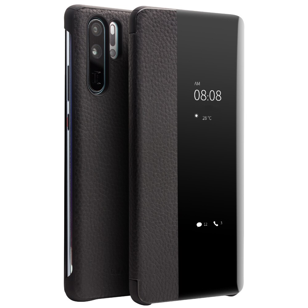 Husa Huawei P30 Pro, Qialino Smart Litchi, slim din piele naturala, smart cover, culoare Negru