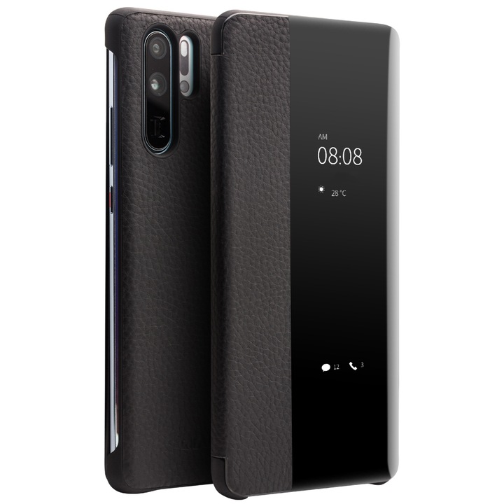 Huawei P30 Pro, Vékony, természetes bőrből készült tok, smart cover, Qialino Smart Litchi, Fekete