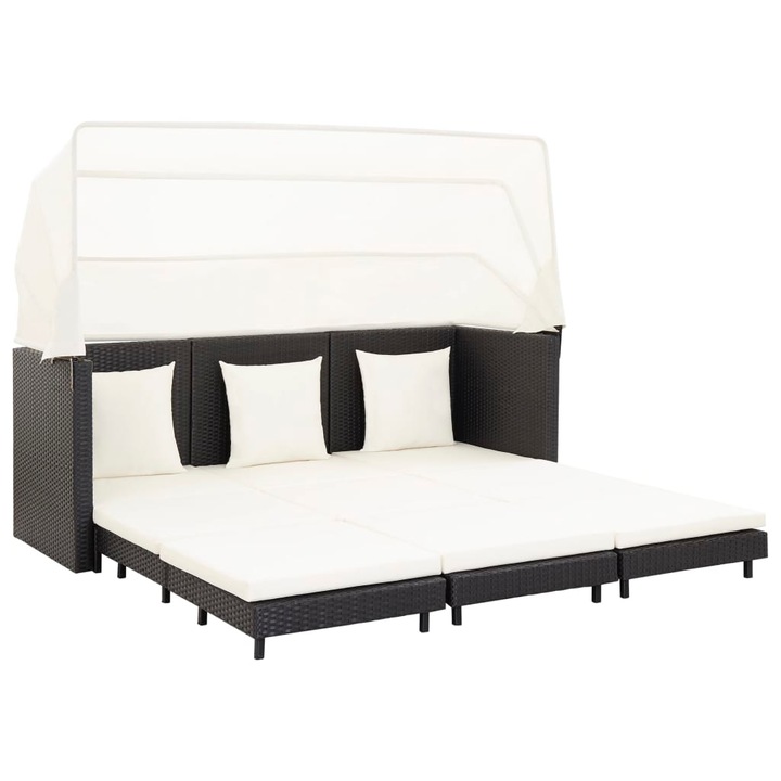 vidaXL 3-személyes fekete kinyitható műrattan kanapéágy krémfehér tetővel és párnákkal, 200 x 75 x 70/150 cm