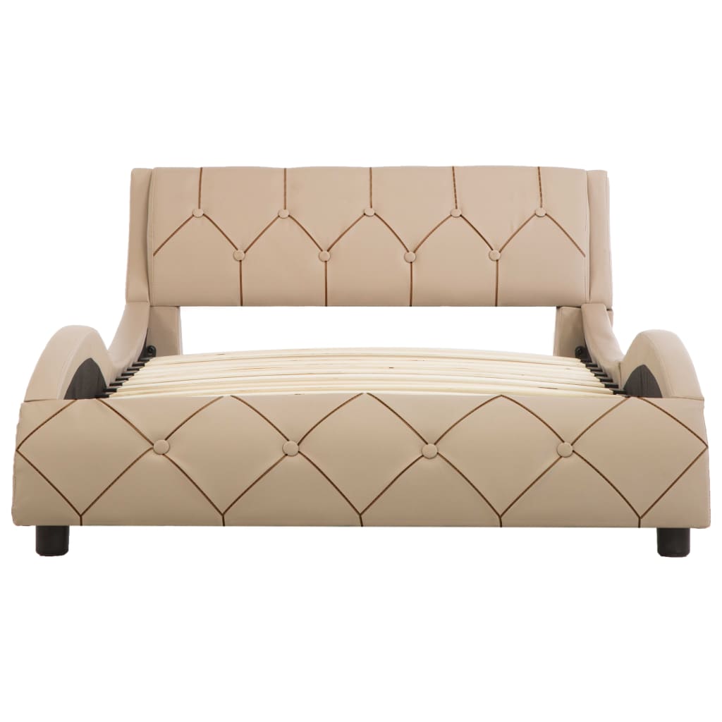 Cadru pat single cu LED, tapitat, vidaXL, Piele ecologica/otel/MDF, 100 x 200 cm, Maro cappuccino