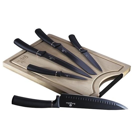 Set cutite cu plansa taiere bambus, 6 piese, Berlinger Haus, BH-2549, negru