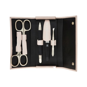 Trusa pentru manichiura, Zwilling Pink, 5 piese din otel inoxidabil, placat cu nichel, etui pentru protectie din piele naturala Trusa pentru manichiura, Zwilling Pink, 5 piese din otel inoxidabil, placat cu nichel, etui pentru protectie din piele naturala