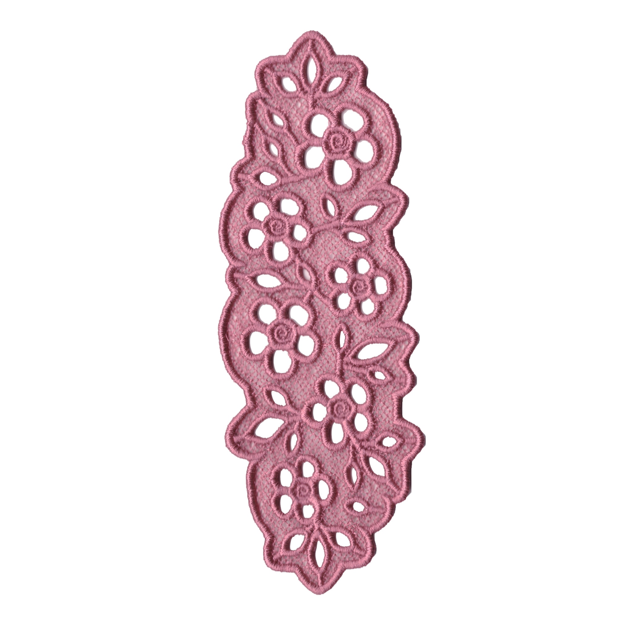 Semn de carte brodat, LaRue, liliac, contur neregulat, roz inchis, 17.2 cm