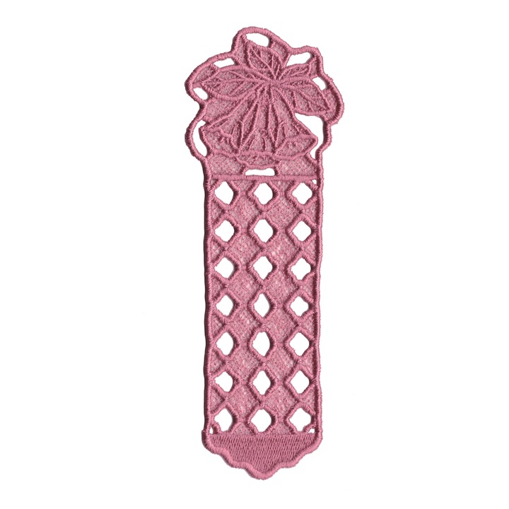Semn de carte brodat LaRue, clopotei, roz inchis prafuit, 17.3 cm