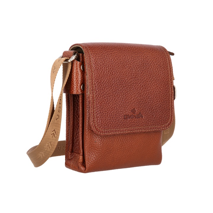 Valódi bőrből készült, konyak barna szinű, fedőlapos váltáska, 6097 modell, The Bag Shop