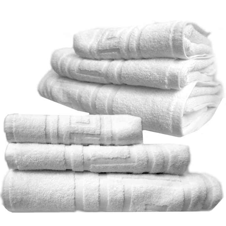 Комплект от 6 кърпи Greek Gecor, 500 гр/м2, 2 x 30x50 см, 2 x 50x90 см, 2 x 70x140 см, 100% памук, Бял