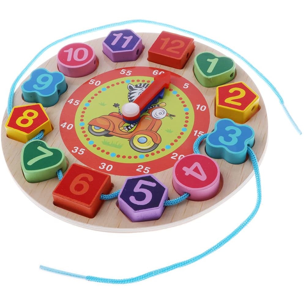 Ceas multifunctional Montessori, din lemn, cu forme geometrice si cifre de snuruit