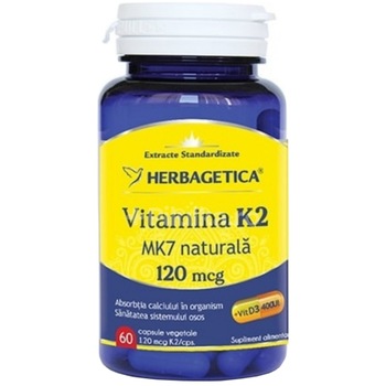 Supliment alimentar Vitamina K2 MK7 Naturala 120 mcg Herbagetica, 60 capsule Supliment alimentar Vitamina K2 MK7 Naturala 120 mcg Herbagetica, 60 capsule