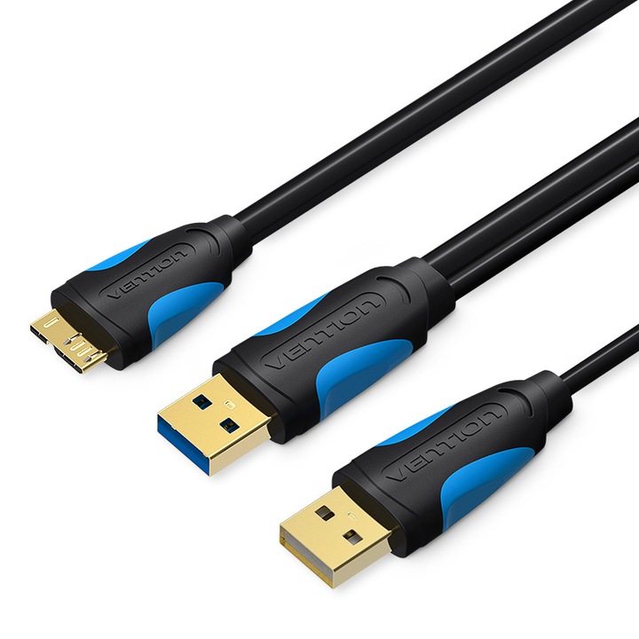 Кабел за зареждане и пренос на данни, USB Micro B към 2 x USB 3.0 кабел, 0,5 метра, Vention
