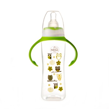 Biberon cu manere 250 ml si tetina silicon 6+ Minut Baby, verde Biberon cu manere 250 ml si tetina silicon 6+ Minut Baby, verde