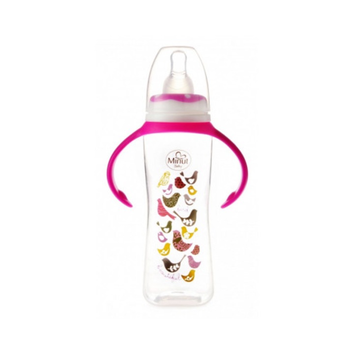 Biberon cu manere 250 ml si tetina silicon 6+ Minut Baby, roz
