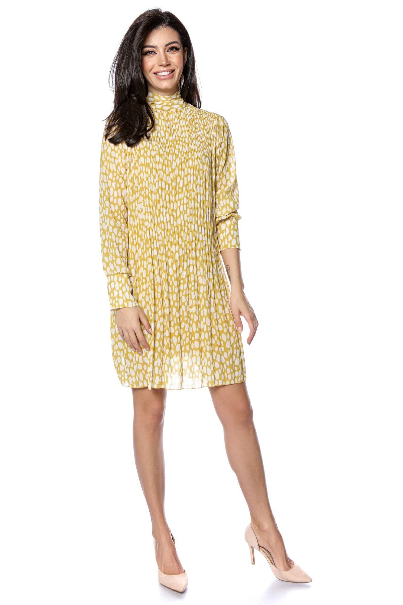 Rochie galben pal, plisata cu guler inalt, ROH - DR4135, One Size