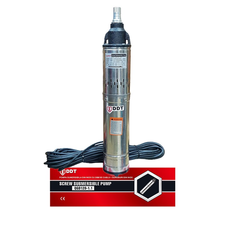 Потопяема помпа, DDT, QGD120, 1.1 kW, Неръждаема стомана, 20 m кабел