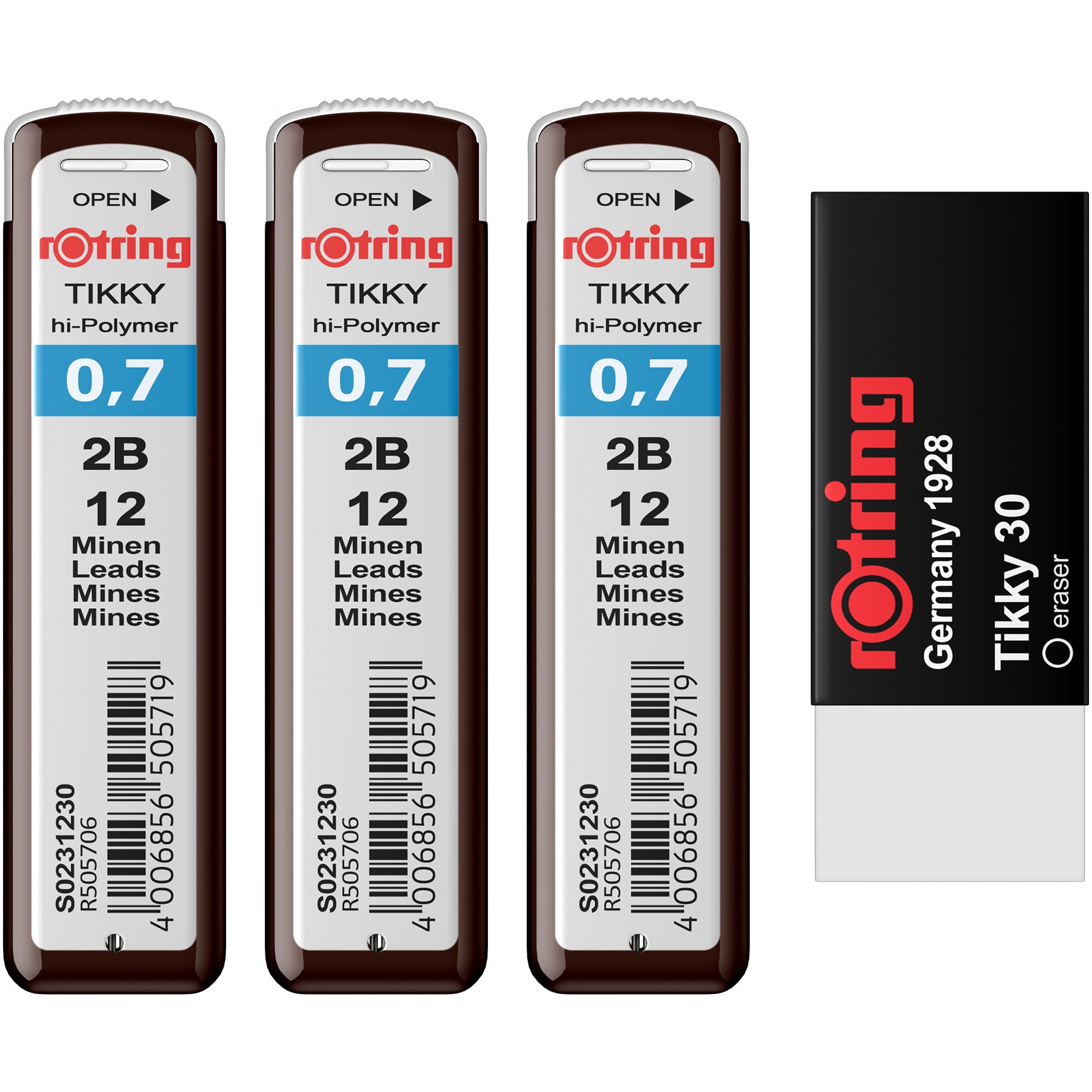 Set Rotring 3 x etui mine grafit 0.7 2B + Radiera Tikky 30