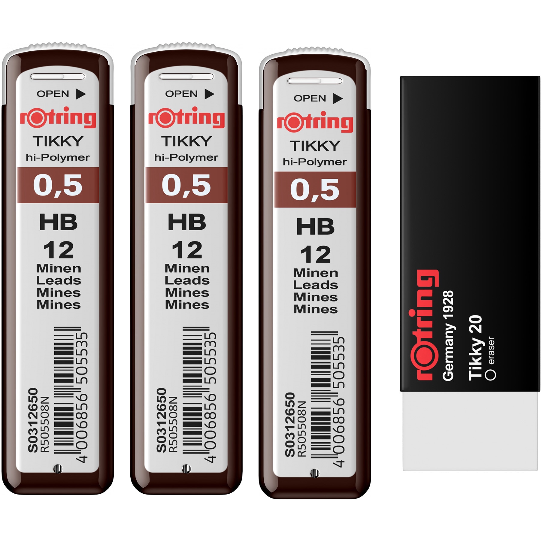 Set Rotring 3 x etui mine grafit 0.5 HB + Radiera Tikky 20