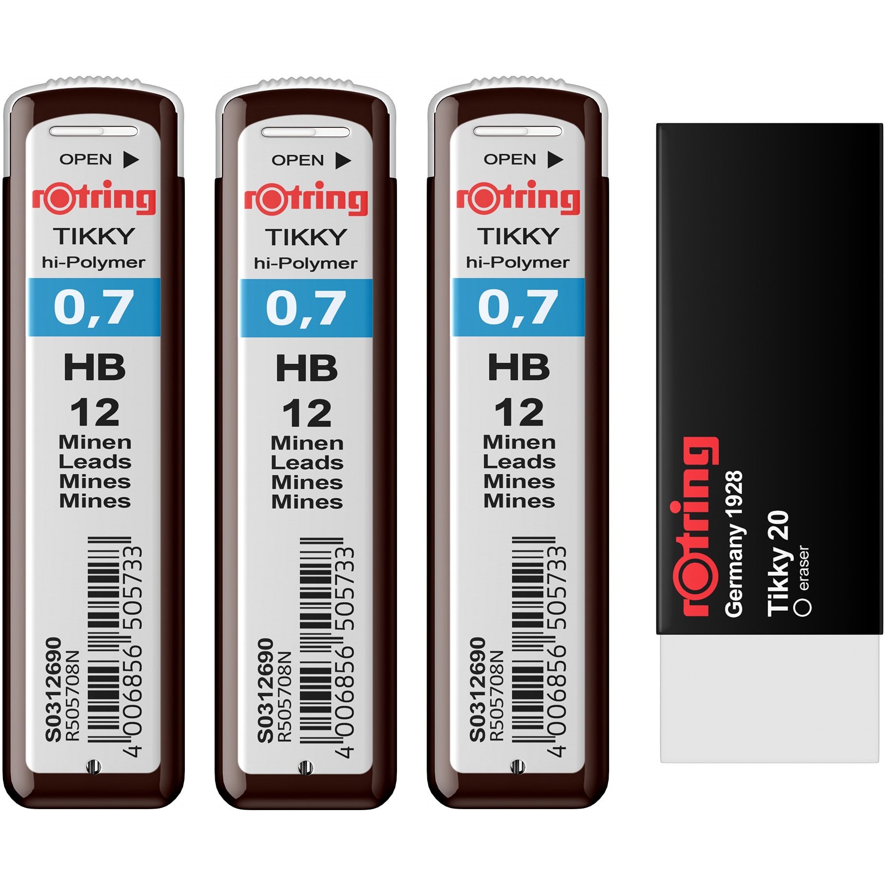 Set Rotring 3 x etui mine grafit 0.7 HB + Radiera Tikky 20