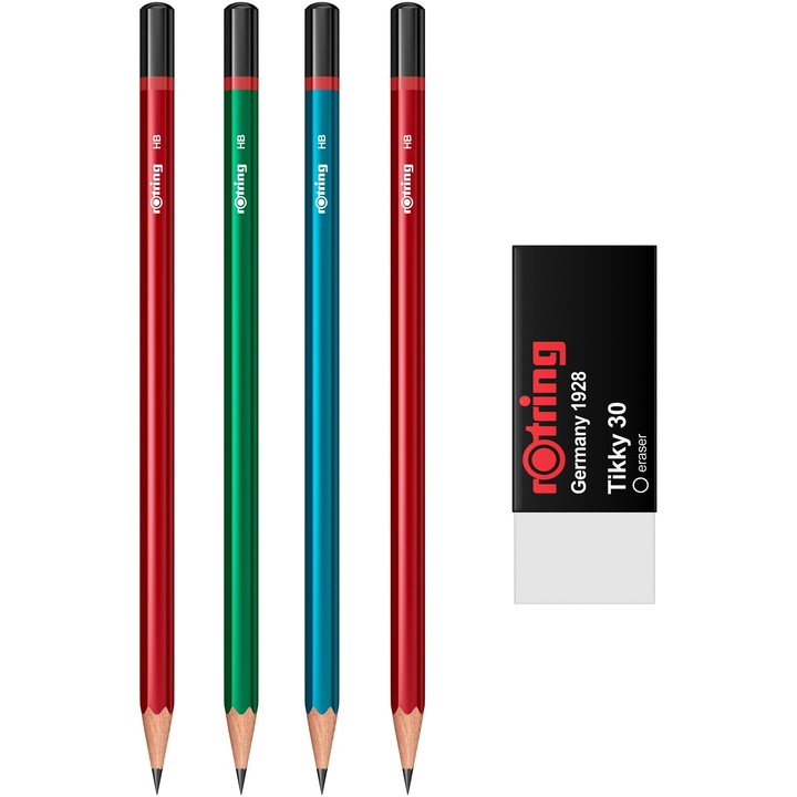 Set Rotring 4 x creioane lemn grafit HB Core Red/Blue/Green + Radiera Tikky 30