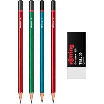 Set Rotring 4 x creioane lemn grafit HB Core Red/Blue/Green + Radiera Tikky 30 Set Rotring 4 x creioane lemn grafit HB Core Red/Blue/Green + Radiera Tikky 30