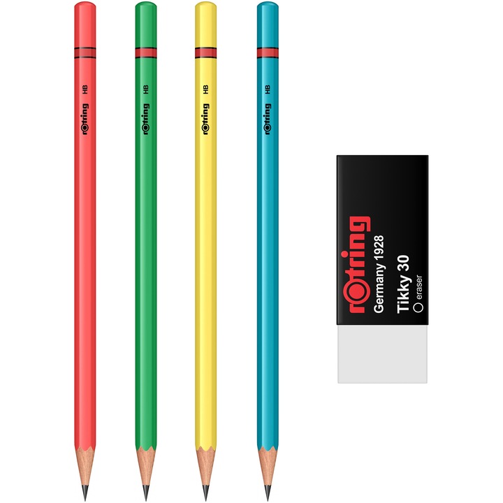 Set Rotring 4 x creioane lemn grafit HB Neon Blue/Green/Yellow/Orange + Radiera Tikky 30
