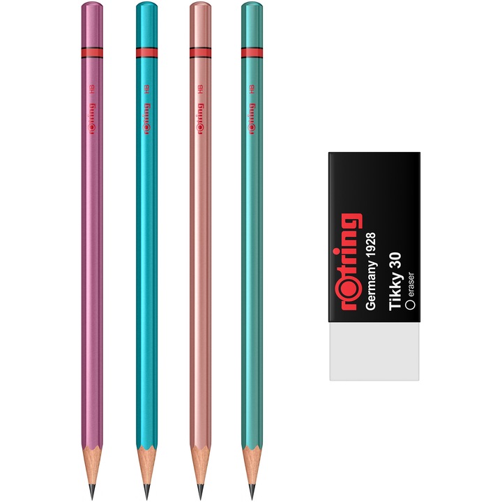 Set Rotring 4 x creioane lemn grafit HB Metallic Blue/Green/Pink/Violet + Radiera Tikky 30