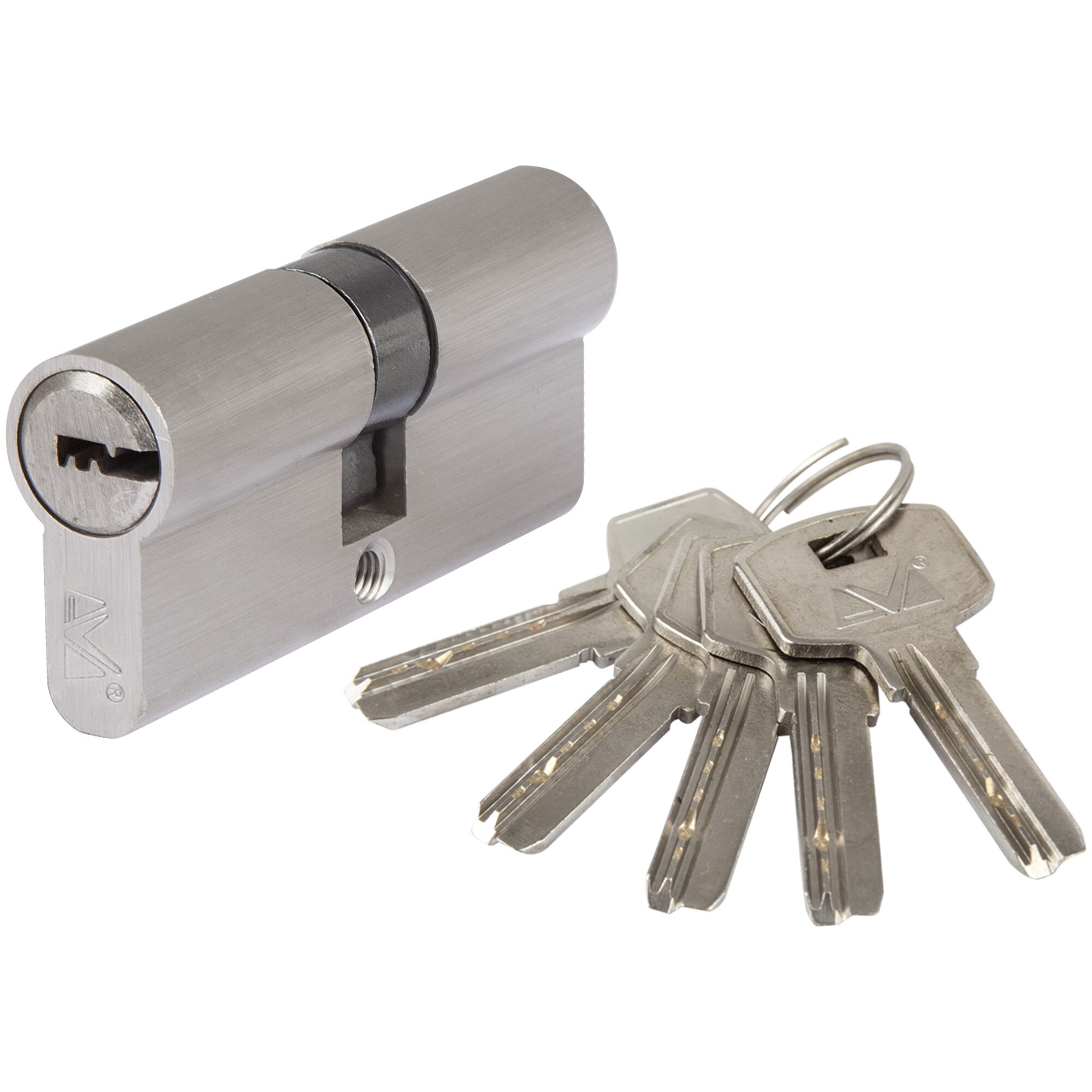 Cilindru EvoTools, din alama, tip centrat, mecanism cu 5 pini, 5 chei cu amprenta, lungime 90 mm (45+45), culoare nichel satin