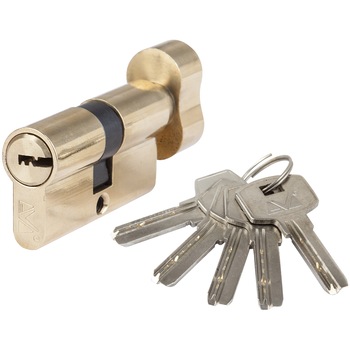 Cilindru cu Buton EvoTools, din alama, tip descentrat, mecanism cu 5 pini, 5 chei cu amprenta, lungime 65 mm (30+35), culoare nichel satin Cilindru cu Buton EvoTools, din alama, tip descentrat, mecanism cu 5 pini, 5 chei cu amprenta, lungime 65 mm (30+35), culoare nichel satin