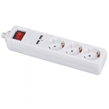 Prelungitor cu 3 prize si 2 USB-uri ,cu protectie copii,alb Prelungitor cu 3 prize si 2 USB-uri ,cu protectie copii,alb