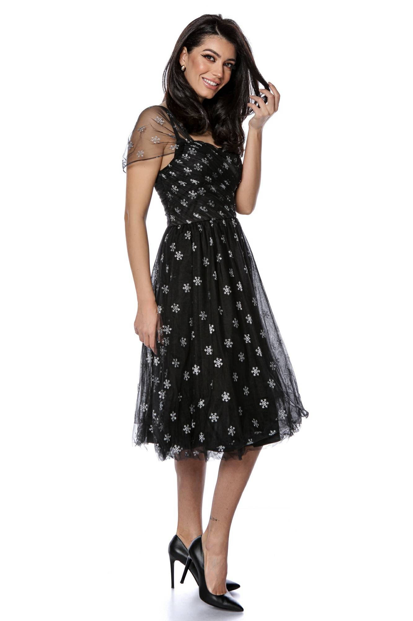 Rochie delicata, neagra cu fulgi de nea argintii - ROH - DR4130